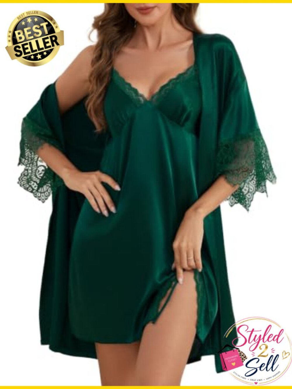 Silk Satin 2 Piece Pajama Set with Robe & Chemise Nightgown Sleepwear